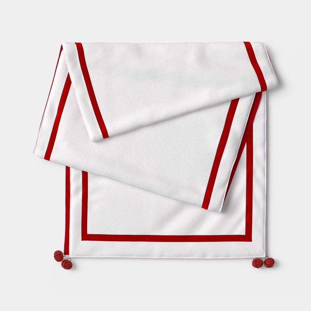 72"x14" nwt Reversible Jingle Bells Table Runner Cream/Red - Threshold